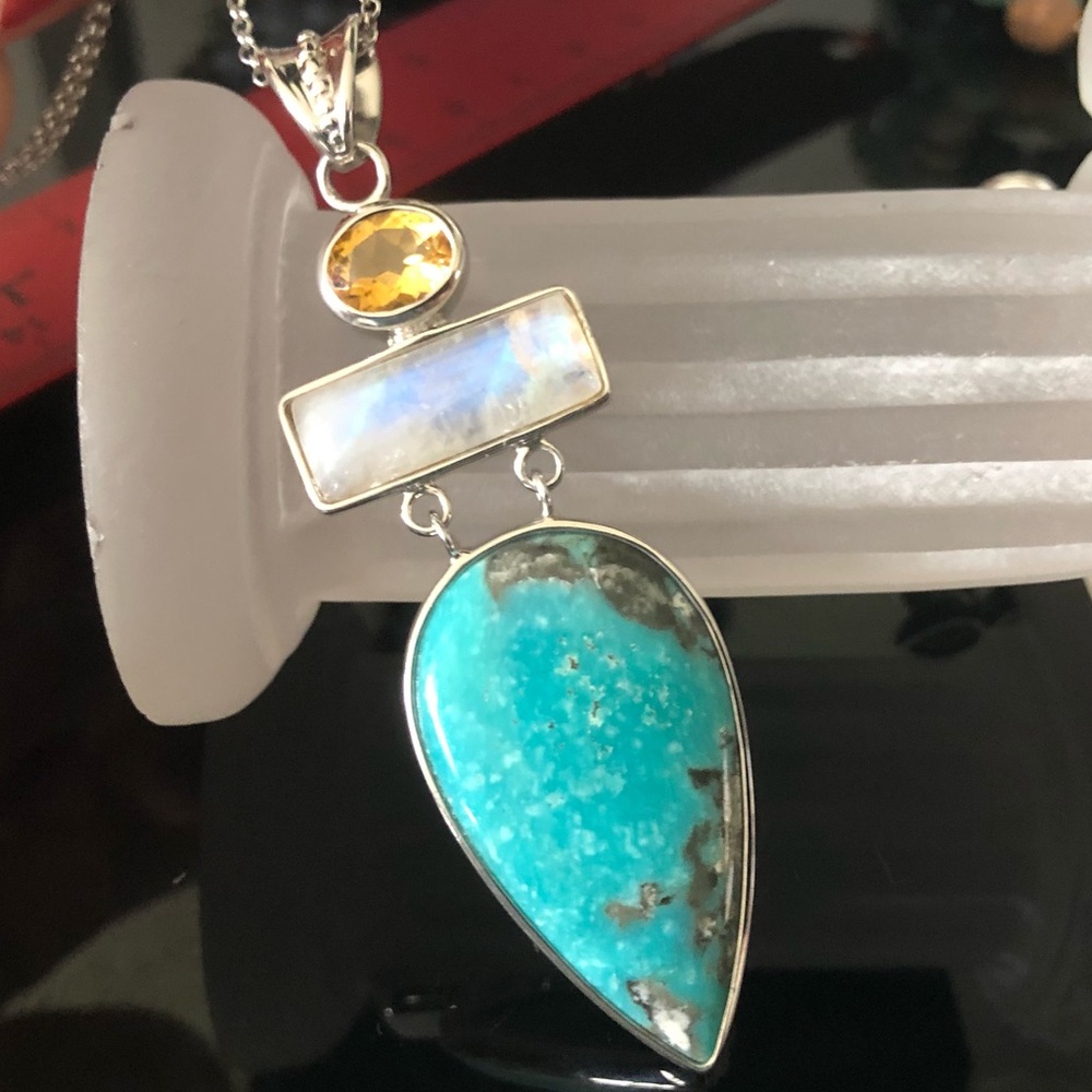 Pangea Mines Turquoise, Moonstone, Citrine Pendant
(Turquoise May slightly vary)